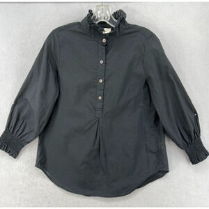 TUCKERNUCK Shirt Sz S Black Teagan Popover Blouse Ruffle Neck Lightweight Cotton